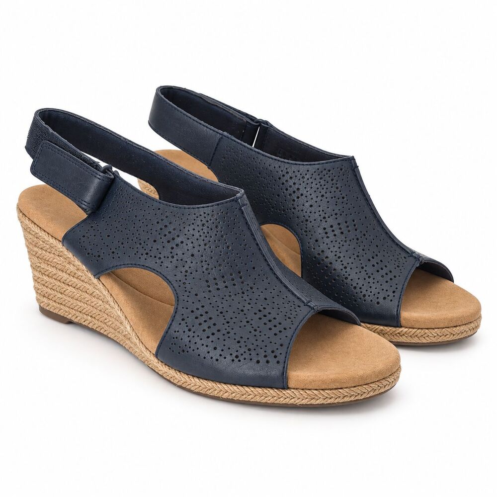 Clarks Lafley Rosen Leather Sandals Espadrille Wedge Womens 10 M Navy Blue